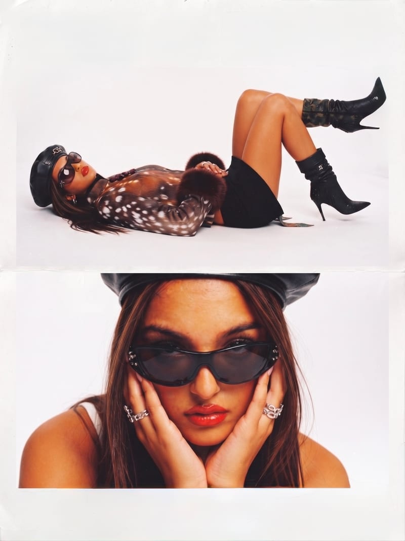 Magazine spread of the Doe Jacket with a leather beret: lying back in heeled boots, and a close up in sunglasses
